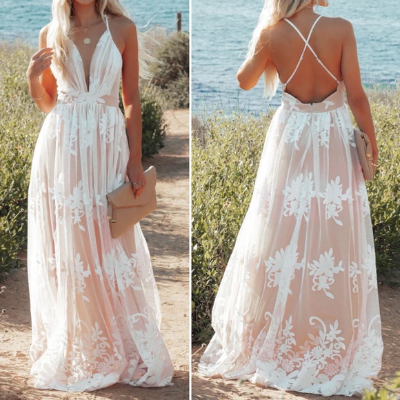 Luxxel Dresses & Skirts - NWT maxi dress white floral velvet burnout deep V neckline crisscross back lined